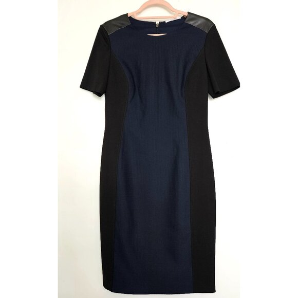 Elie Tahari Colorblock Sheath Fitted Dress with Leather Detail US 6 Navy & Black - Picture 1 of 10